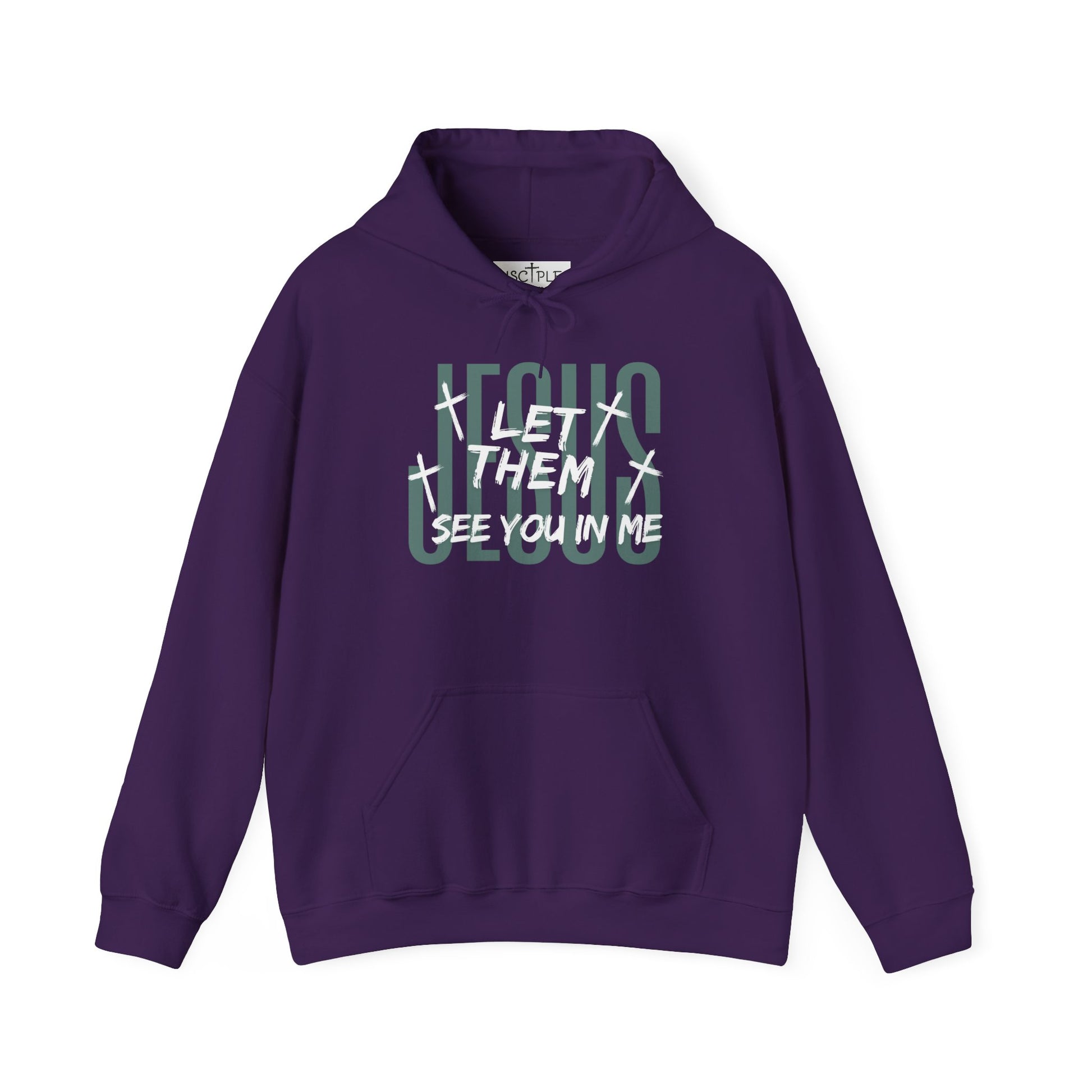 On the front of this custom Christian hoodie it says Jesus in large letters with the words Let them see you in me overlayed overtop of Jesus, there are crosses around the wording.