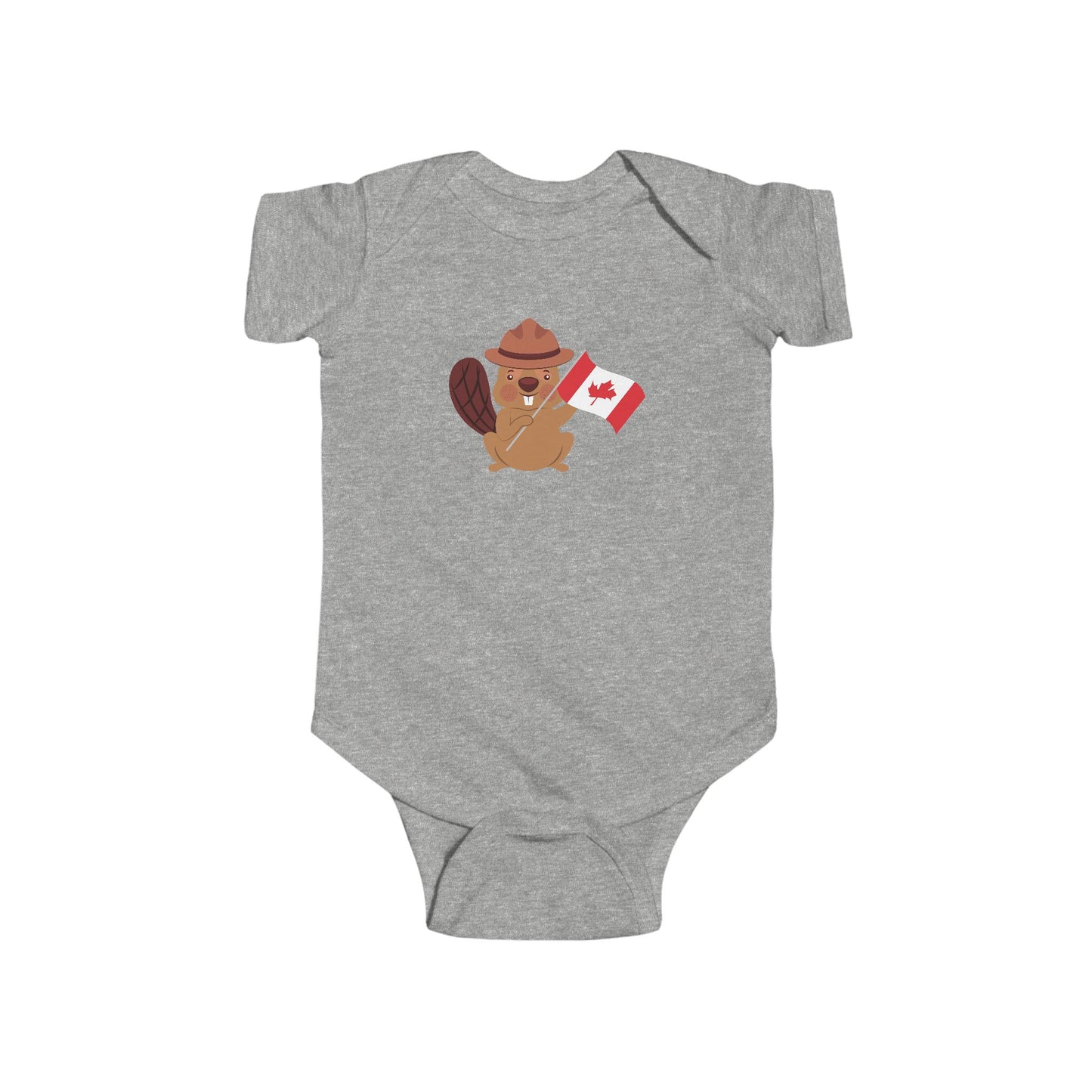 On the front of this custom baby Onesie® is an image of a beaver with a western hat on waving a Canadian flag.