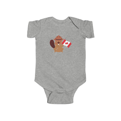 On the front of this custom baby Onesie® is an image of a beaver with a western hat on waving a Canadian flag.