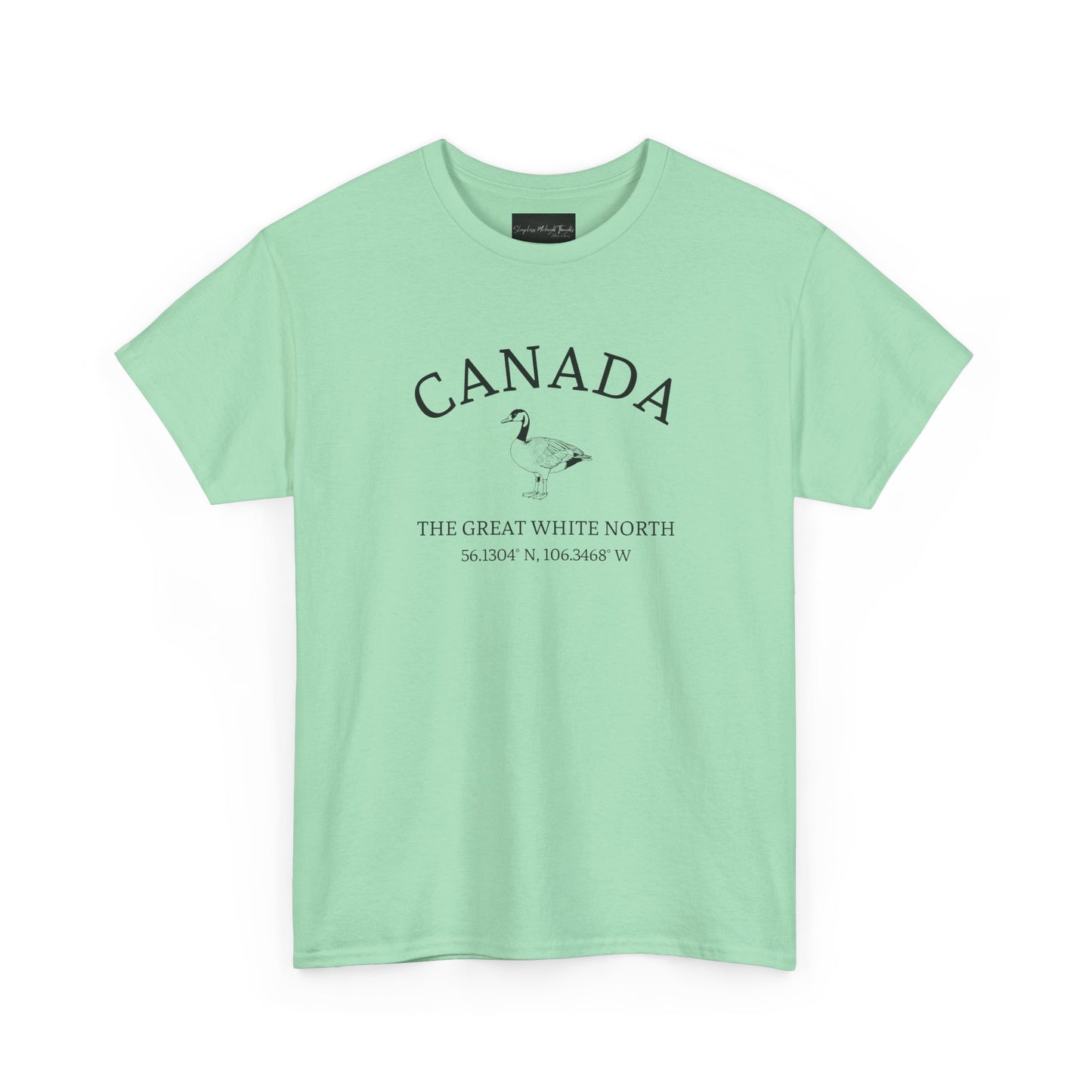 On the front of this patriotic short sleeve shirt is an image of a Canadian Goose with the word Canada above it in a half circle, the words "The Great White North" are underneath the image with Canada's coordinates underneath that.