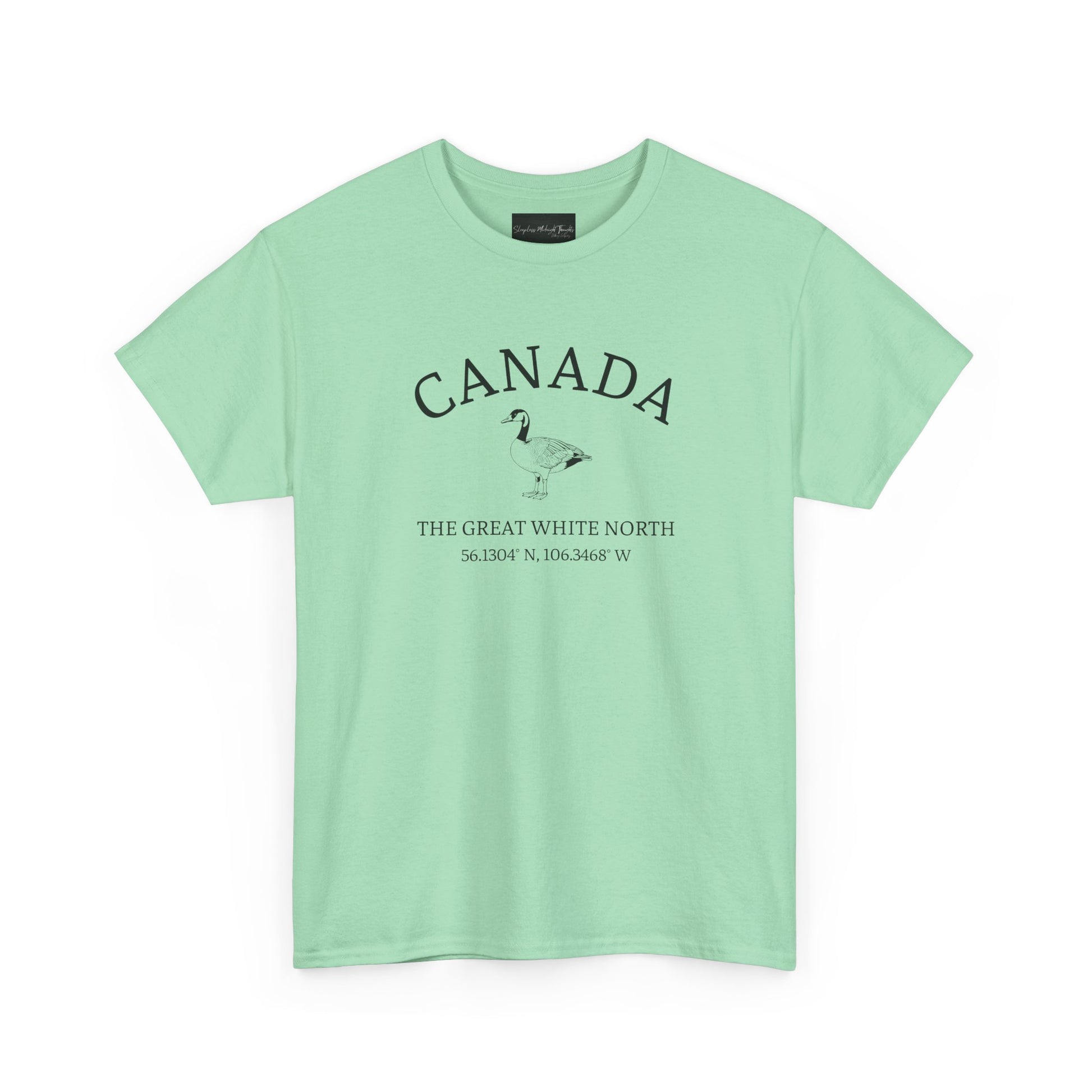 On the front of this patriotic short sleeve shirt is an image of a Canadian Goose with the word Canada above it in a half circle, the words "The Great White North" are underneath the image with Canada's coordinates underneath that.