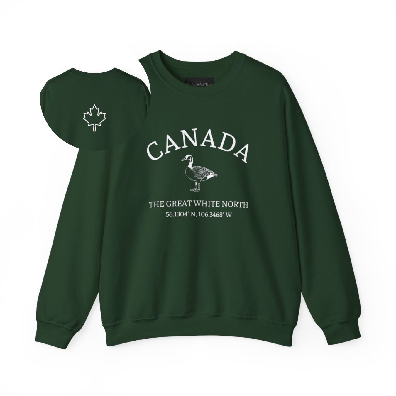 On the front of this unisex super soft Canadian sweatshirt is the word Canada in large text on the top with an image of a Canadian Goose underneath. Under the Goose are the words The Great White North with Canada's geological location under that.