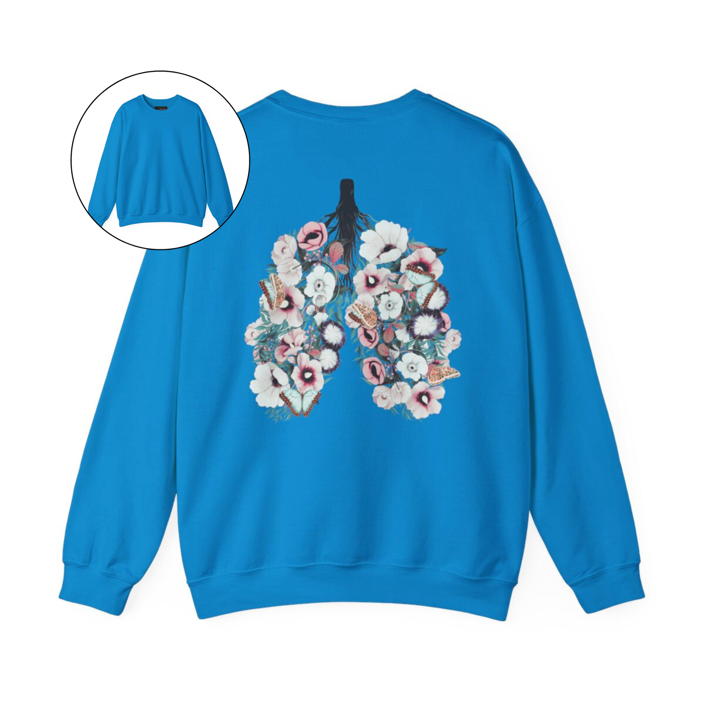 On the back of this women's pullover sweatshirt is an image of a set of lungs, but the lungs are made out of vines with pink and white flowers all over them, there are butterflies sitting in top of the flowers that are light blue in color.