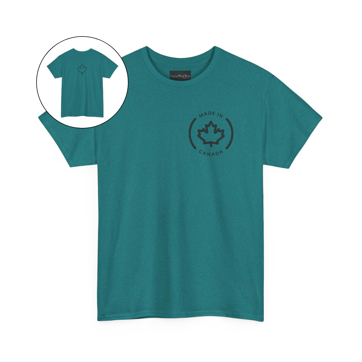 On the front of this custom short sleeve shirt is a circle on the upper left chest of the shirt with the words Made In Canada with a maple leaf in the middle, on the back of the shirt is a maple leaf right in between the shoulder blades.
