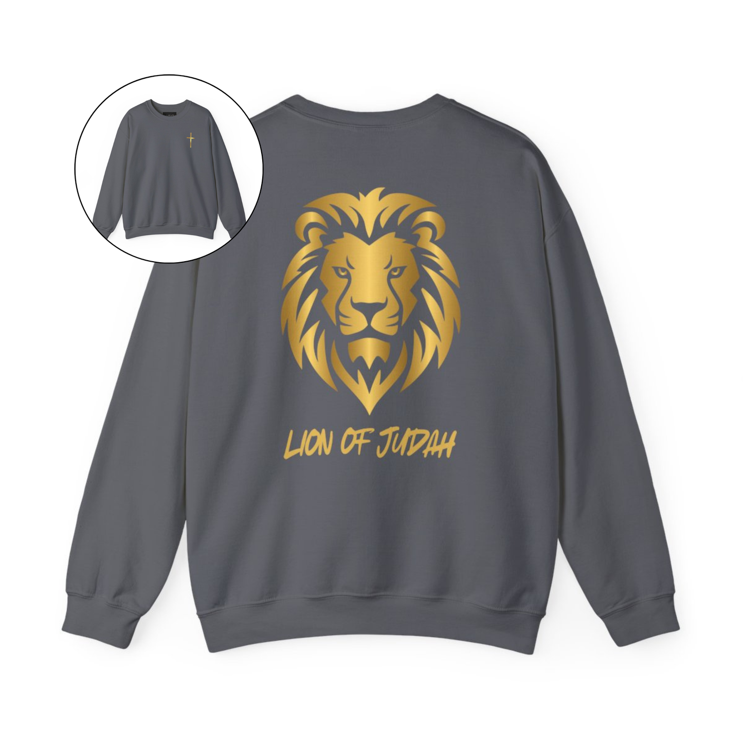 On the front of this custom Christian sweater is a gold Jesus cross on the front left chest, on the back of the pullover is a large gold male lion head with the words Lion of Judah in gold underneath the animal head.