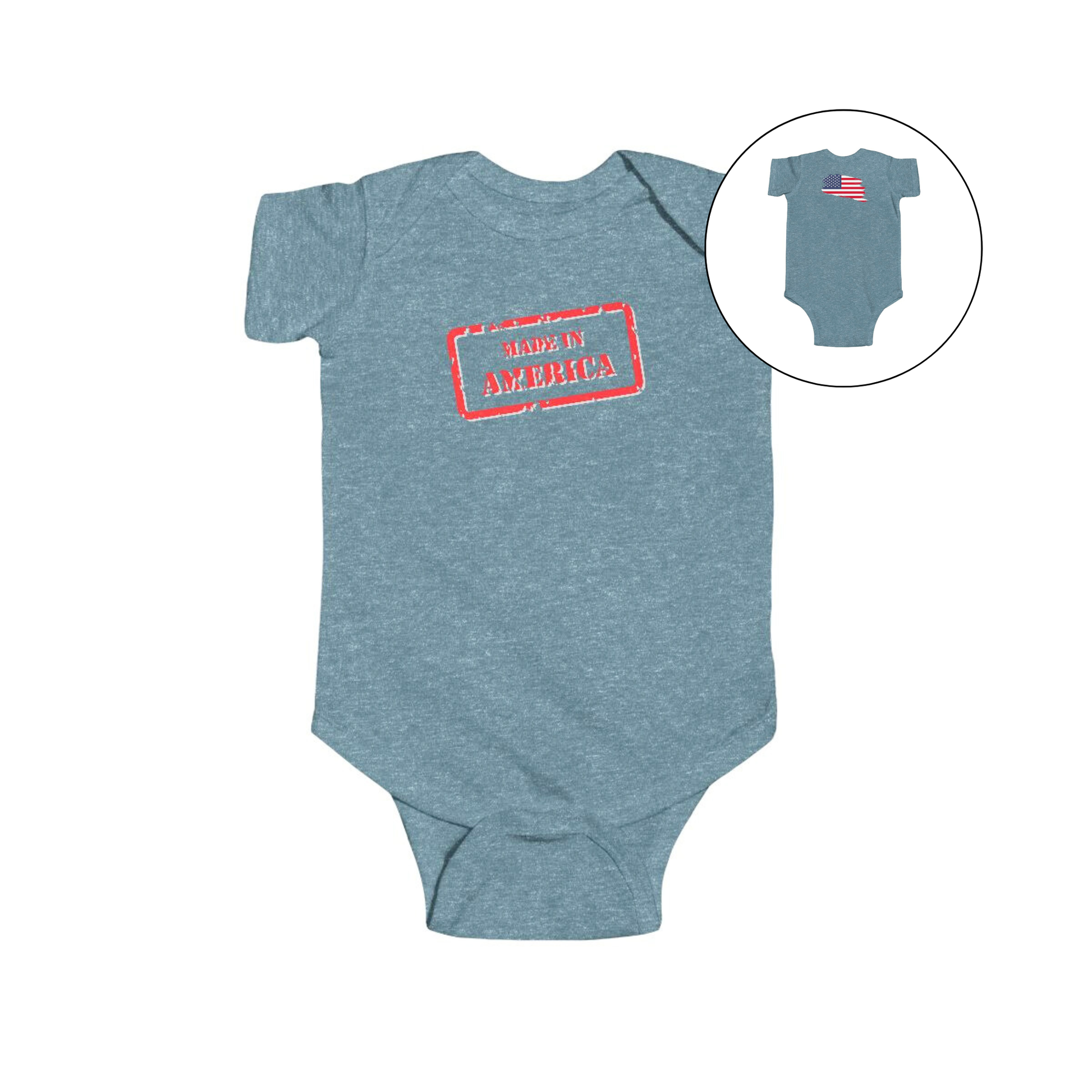 On the front of this custom baby onesie are the words Made In America in a rectangular box that makes it look like a stamp, on the back of this bodysuit is the American flag.