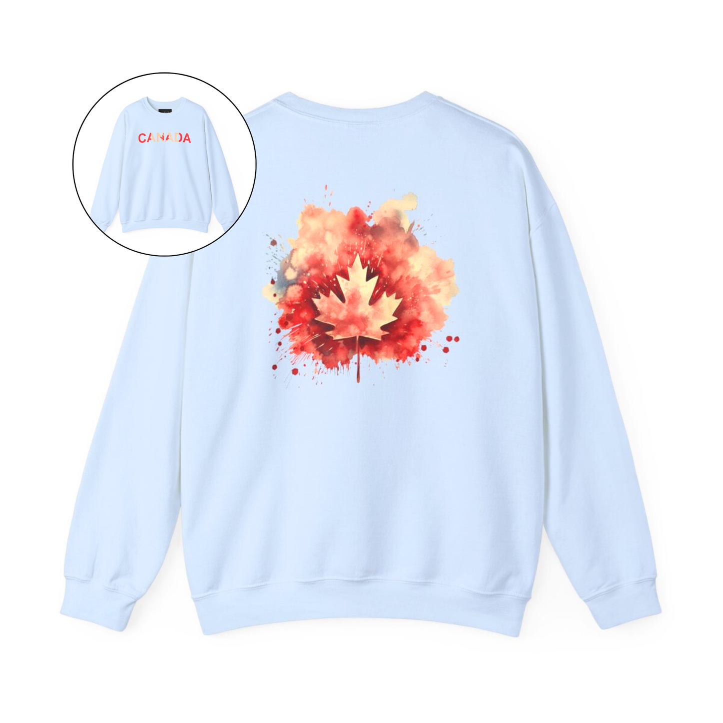On the front of this Canadian pride pullover sweater is Canada in red and beige letters with a maple leaf in the middle, on the back of the sweater is a large maple leaf that looks like it has been spray painted onto the sweater in red and beige.