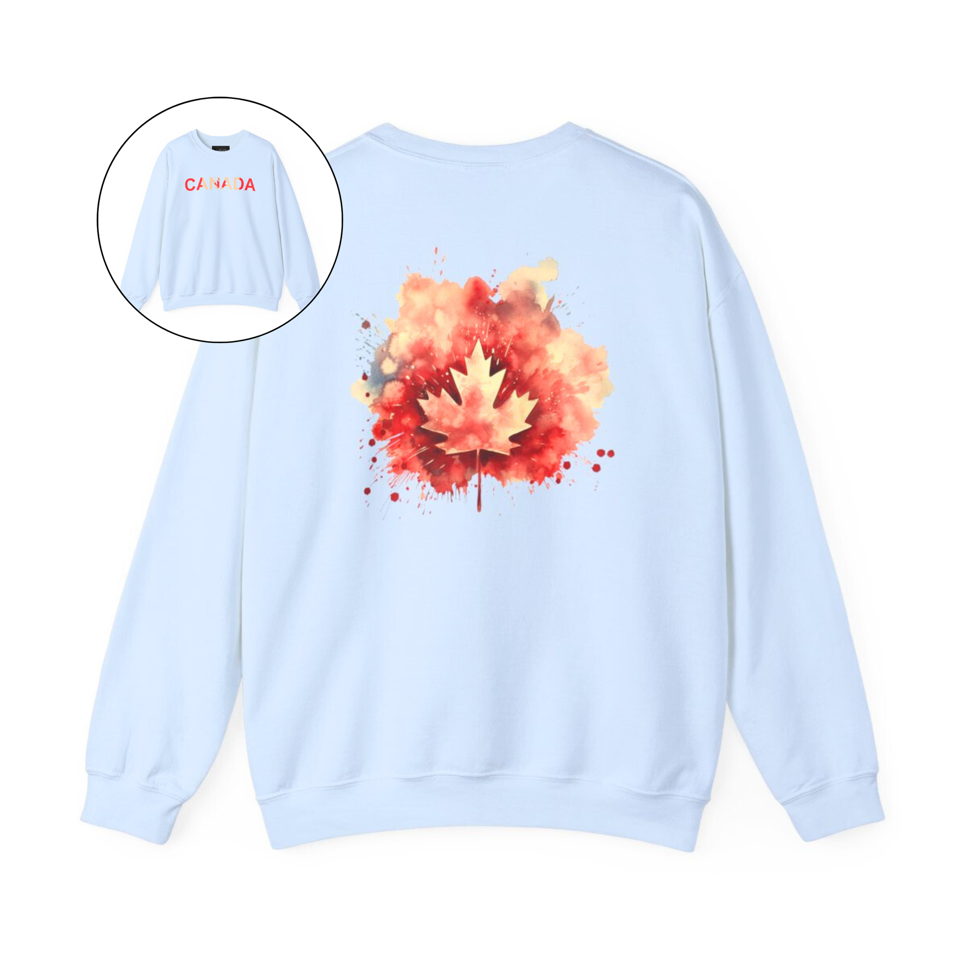 On the front of this Canadian pride pullover sweater is Canada in red and beige letters with a maple leaf in the middle, on the back of the sweater is a large maple leaf that looks like it has been spray painted onto the sweater in red and beige.