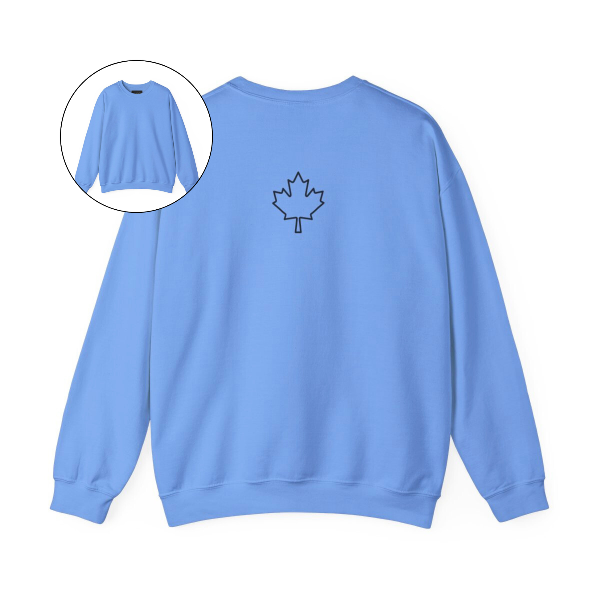 On the back of this custom Canadian pullover sweatshirt is a maple leaf that is right in between the shoulder blades, the front of the sweater is blank.