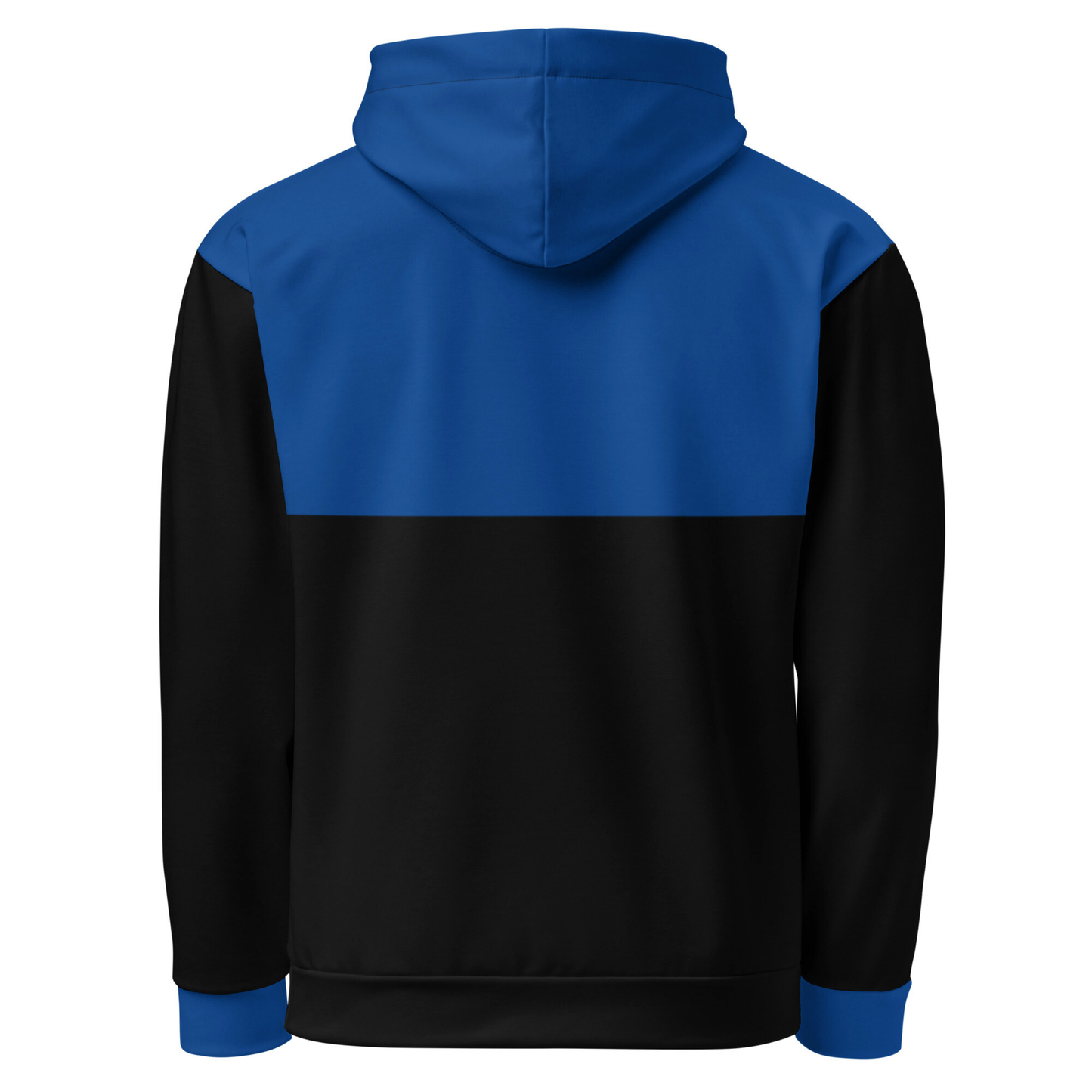 A custom unisex hand sewn hoodie with the top half along with the front pocket being a bright blue color, the rest of the hoodie is black in color,