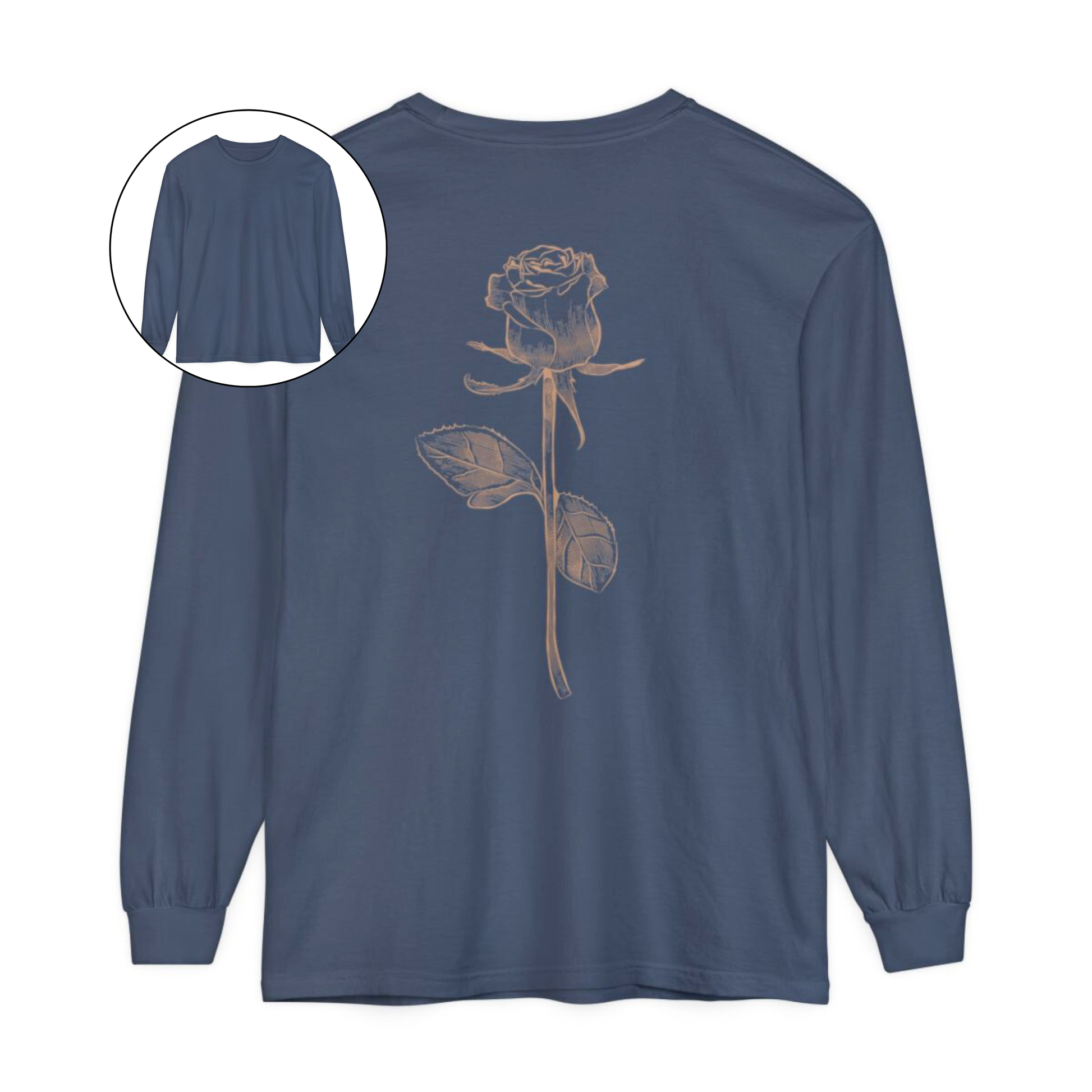 On the back of this custom women's long sleeve tee is a beige colored long stem rose that is the length of the shirt