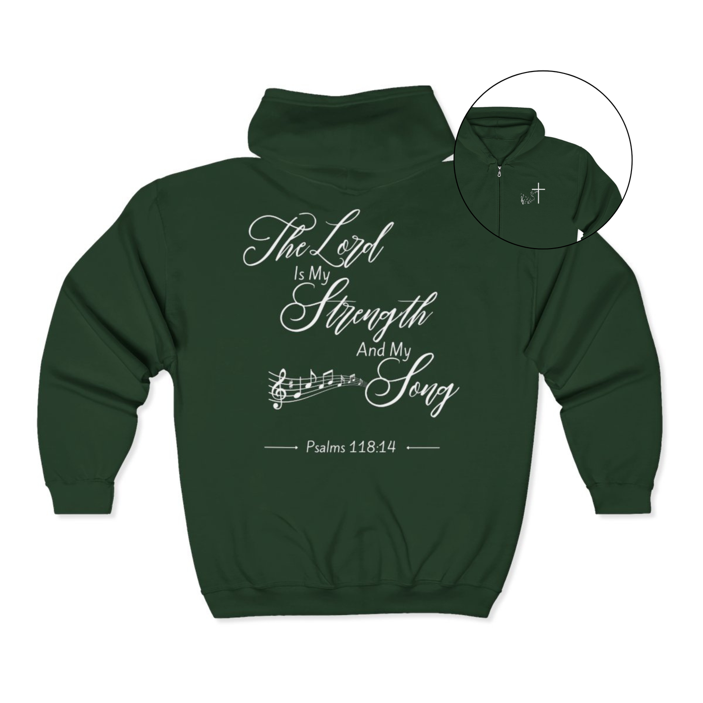 On the front of this custom Christian zip up sweater is a Jesus cross with music notes on the right chest, on the back of the sweater is the scripture the Lord is my strength and my song Psalms 118:14 with music notes underneath the writing.
