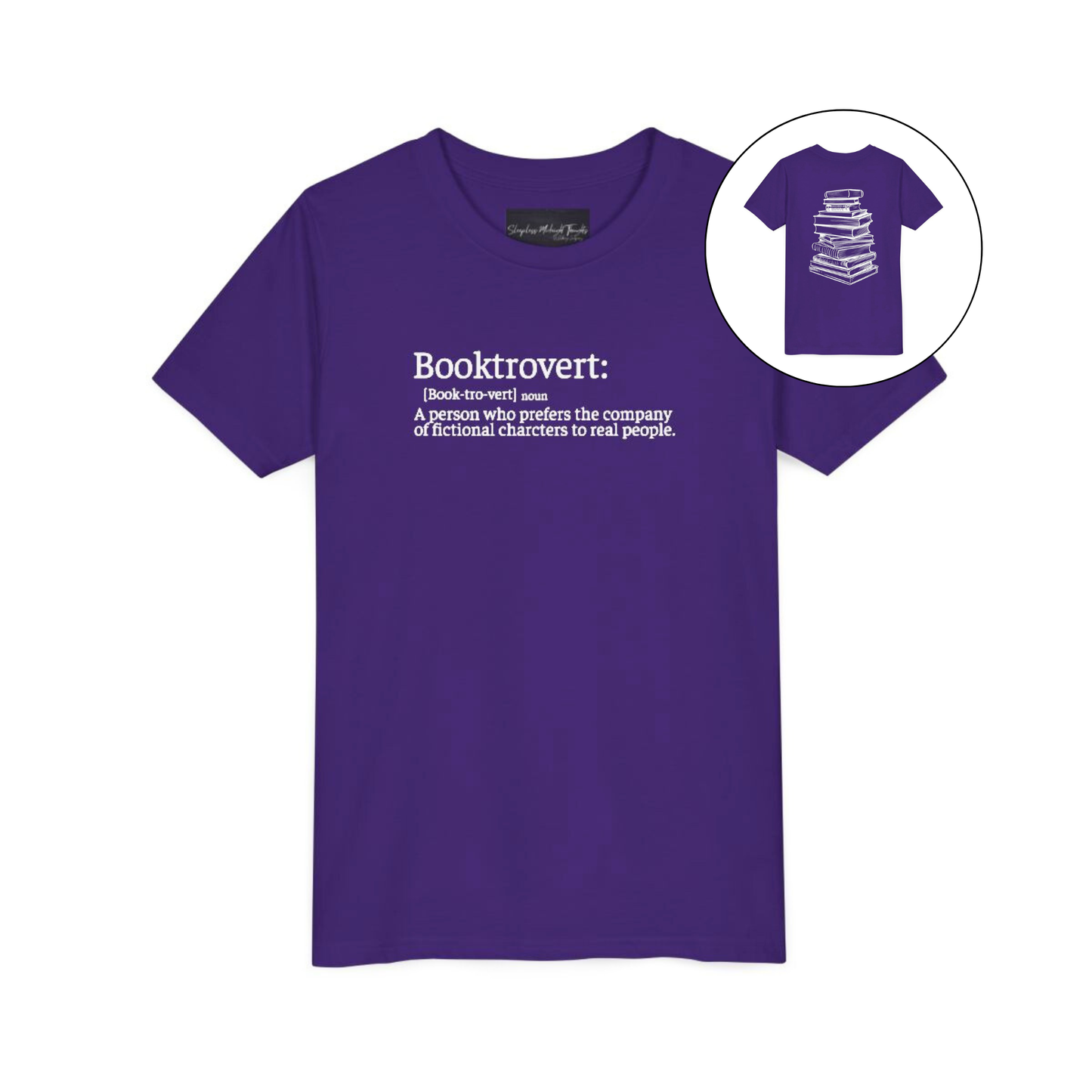 On the front of this custom youth t-shirt it says the word Booktrovert in large letter with the meaning of the words underneath it, on the back of the shirt is an image of a large stack of books.