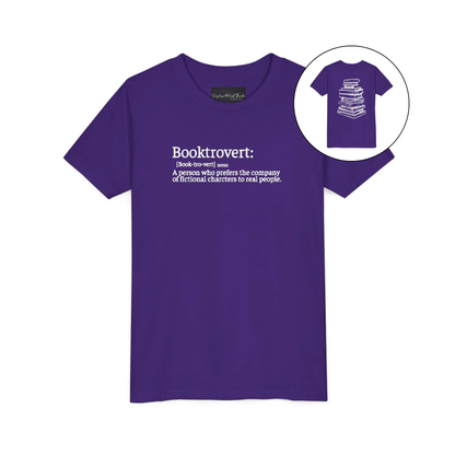 On the front of this custom youth t-shirt it says the word Booktrovert in large letter with the meaning of the words underneath it, on the back of the shirt is an image of a large stack of books.
