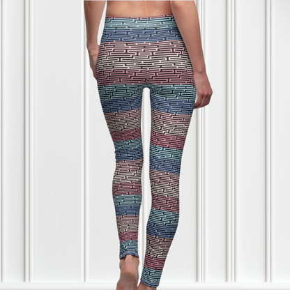 Custom women's high waisted leggings with rows of pastel red, yellow and blue from the top to the bottom of the leggings, there is a black abstract pattern overtop of the colors giving the leggings a 3D look.