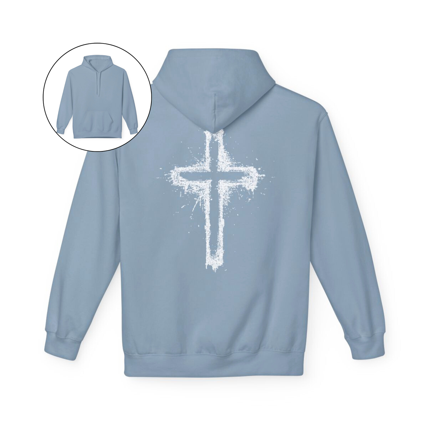 On the back of this Christian hoodie is a large spray painted Jesus cross that takes up the entire back of the sweater.