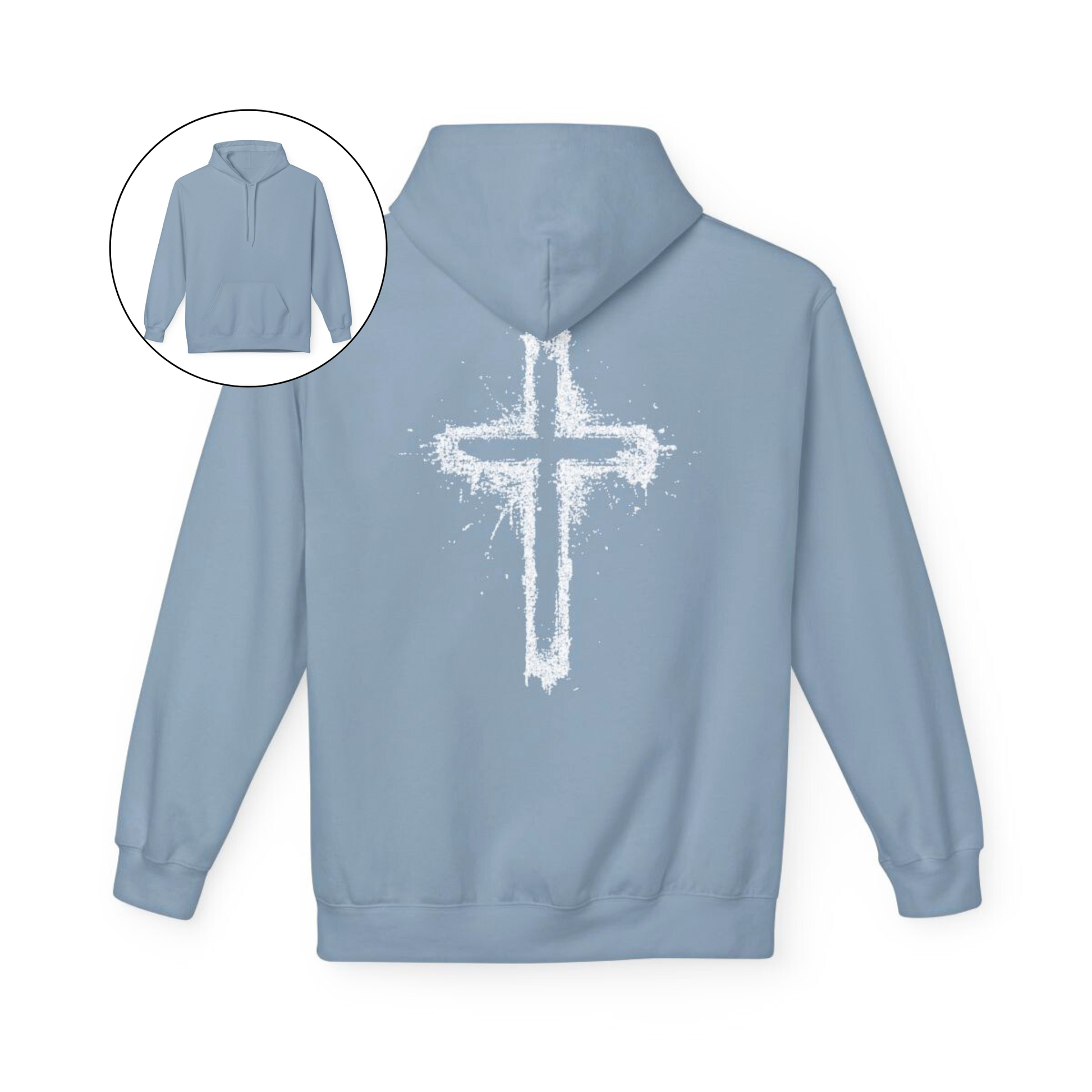 On the back of this Christian hoodie is a large spray painted Jesus cross that takes up the entire back of the sweater.