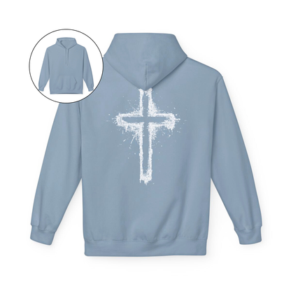 On the back of this Christian hoodie is a large spray painted Jesus cross that takes up the entire back of the sweater.
