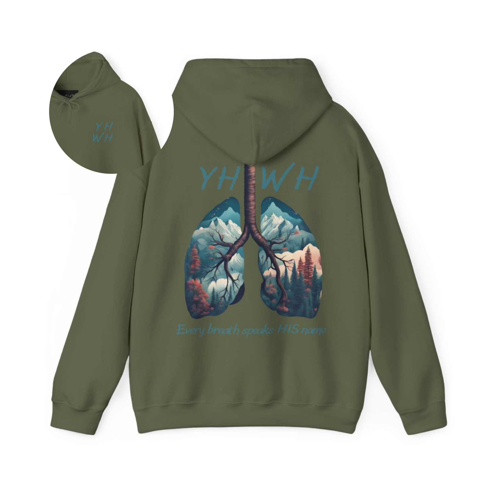 This custom Christian unisex hoodie features the letters YHWH on the front chest in light blue writing, and an image of lungs filled with a nature scene on the back with the words every breath speaks HIS name in the same color blue as the front.