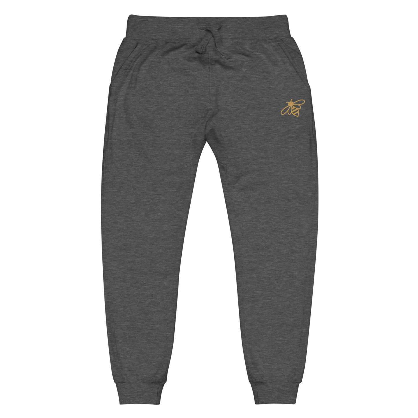 A pair of super soft fleece unisex sweatpants with a bumble bee embroidered in gold over the left front pocket of the pants.