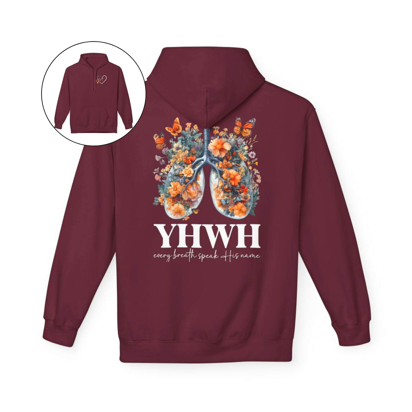 On the front of this custom women's Christian hoodie is a large heart that has a Jesus cross in the center of it, there are two butterflies around the heart. On the back of the sweater is an image of a pair of human lungs made from flowers and butterflies, under the image it says YHWH every breath speaks His name.