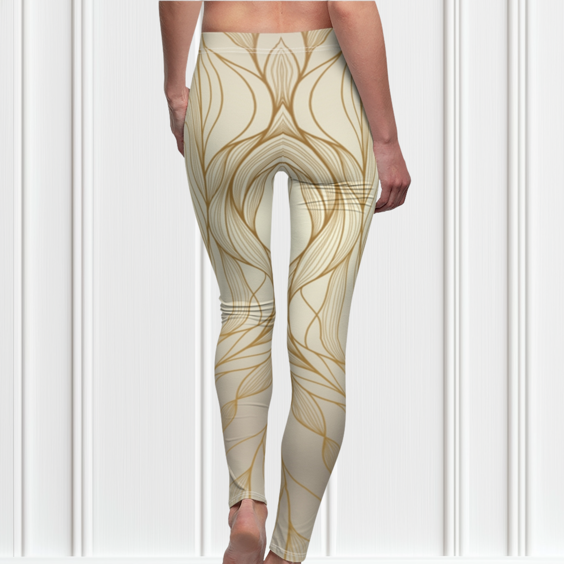 These custom women's high waisted leggings have a base color of a light beige  that fades to a even brighter beige at points to give off a 3D wave design, there are gold lines overlayed across the top of the beige that contour to the body.