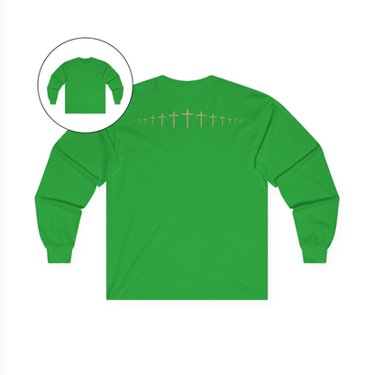 On the back of this green colored Christian long sleeve shirt is a large wooden Jesus cross in between the shoulder blades, the Jesus cross then keeps getting smaller and smaller till it fades right off the shirt giving it a amazing 3D look on the back.