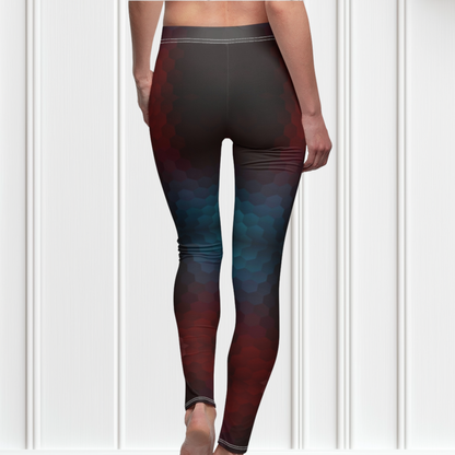 These custom high waisted women's leggings have an burgundy and teal octagon pattern throughout the entire pant that makes them look 3D with the colors shifting from lighter to darker in shade.