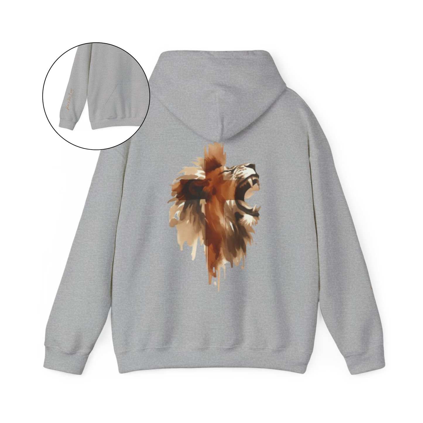 This custom Christian unisex hoodie features a image of a majestic male lion roaring with a Jesus cross overlayed overtop of the lion on the back of the hoodie, the bible verse Have No Fear Psalms 27:1 is on the right sleeve in gold cursive font.