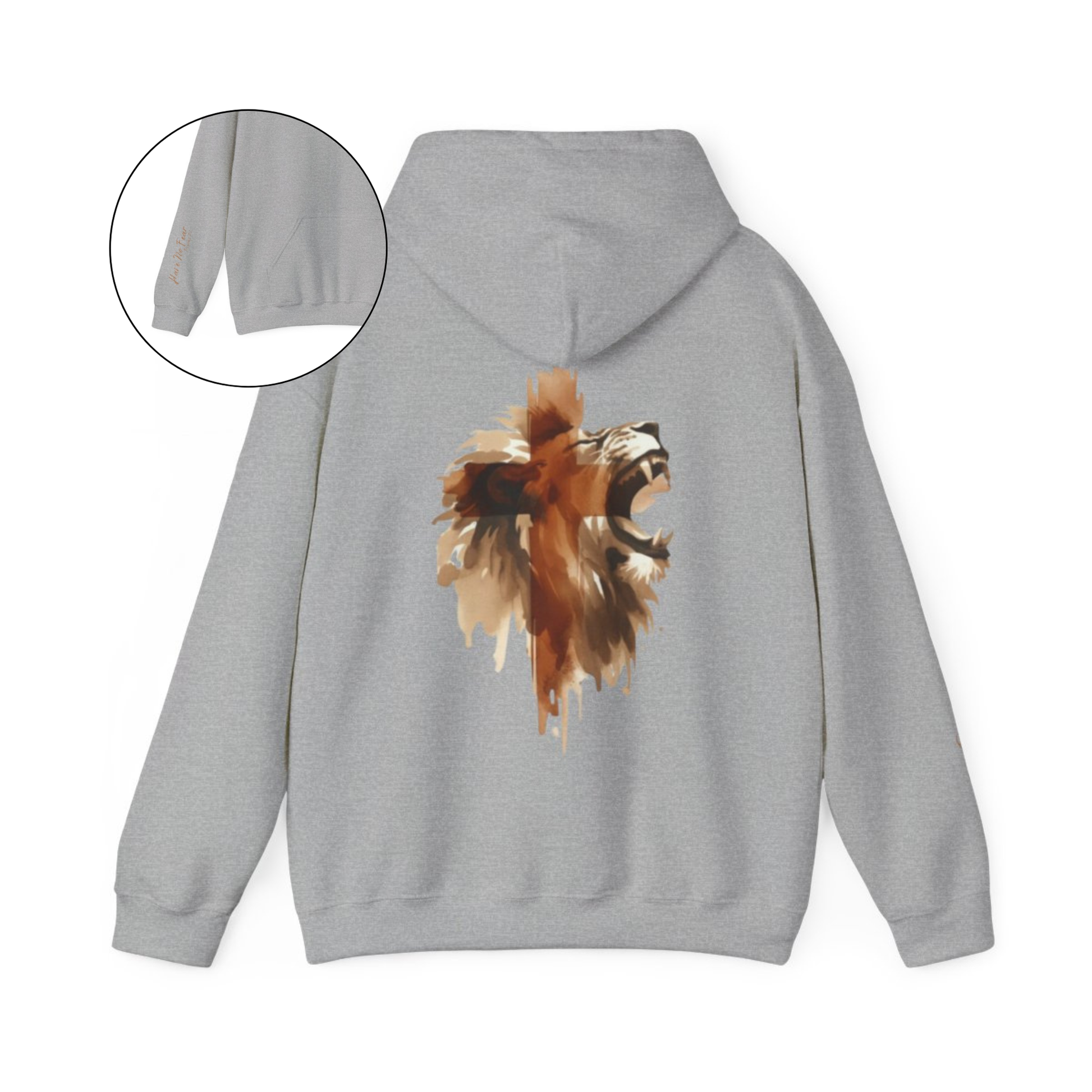 This custom Christian unisex hoodie features a image of a majestic male lion roaring with a Jesus cross overlayed overtop of the lion on the back of the hoodie, the bible verse Have No Fear Psalms 27:1 is on the right sleeve in gold cursive font.