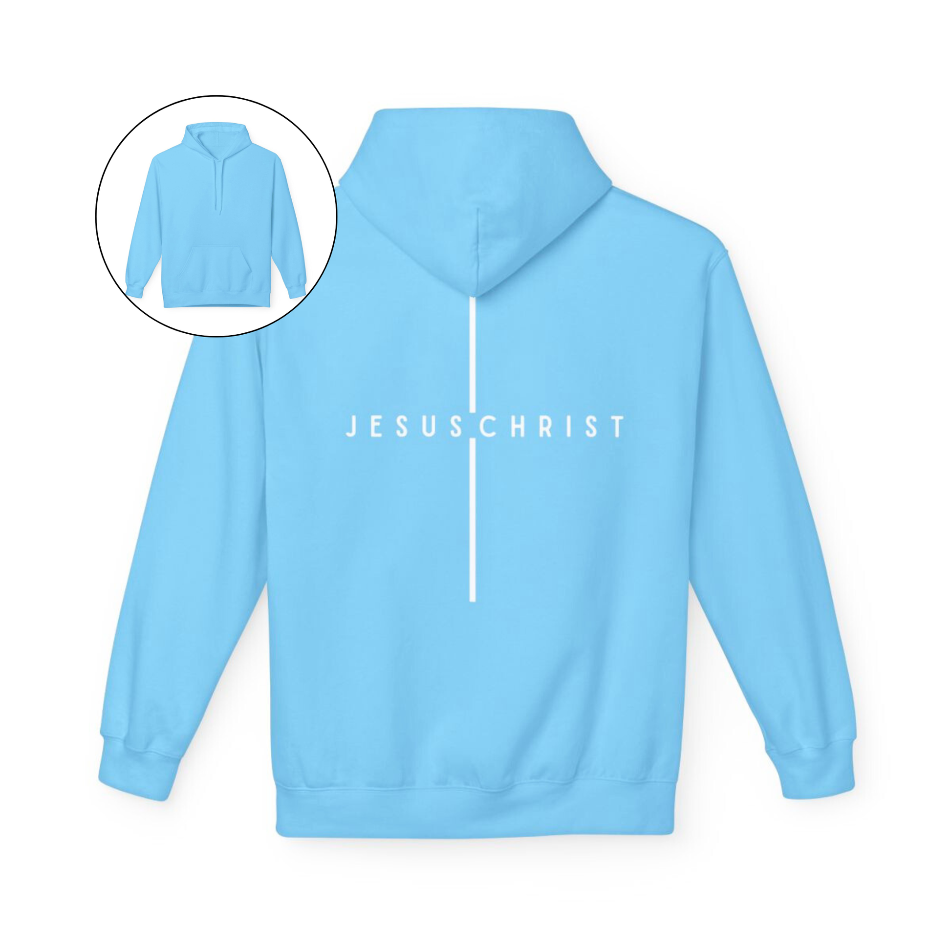 On the back of this custom Christian hoodie is the name Jesus Christ with a line above and below the name making it look like a cross.