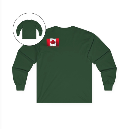 On the back left shoulder blade of this unisex long sleeve shirt is a red Canadian flag that has the words In God We trust underneath the flag, perfect for those wishing to represent God and their country.