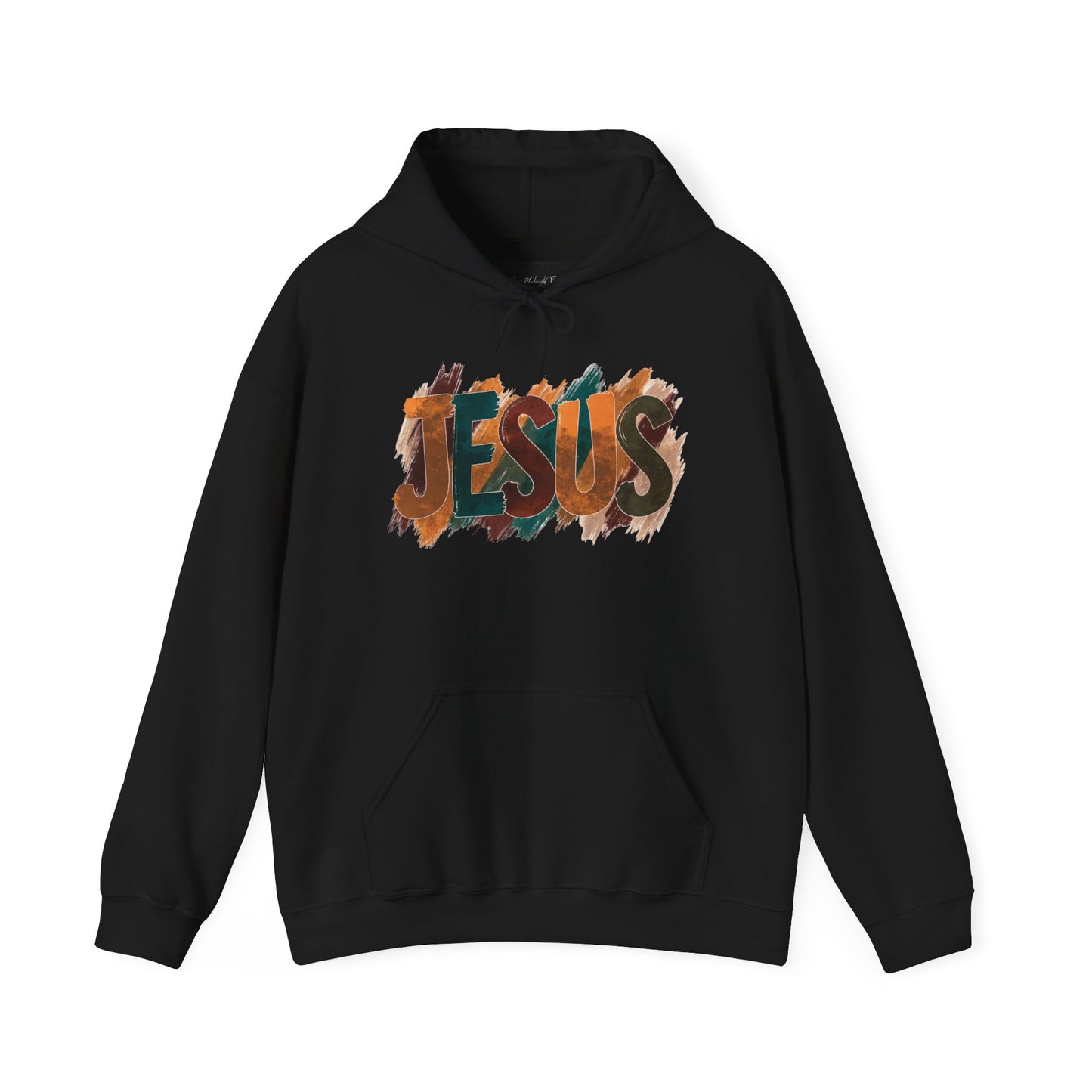 On the front of this Christian hoodie is the name Jesus is large bubble letters with each letter being a different Autumn color, this sweater is perfect for fall time.