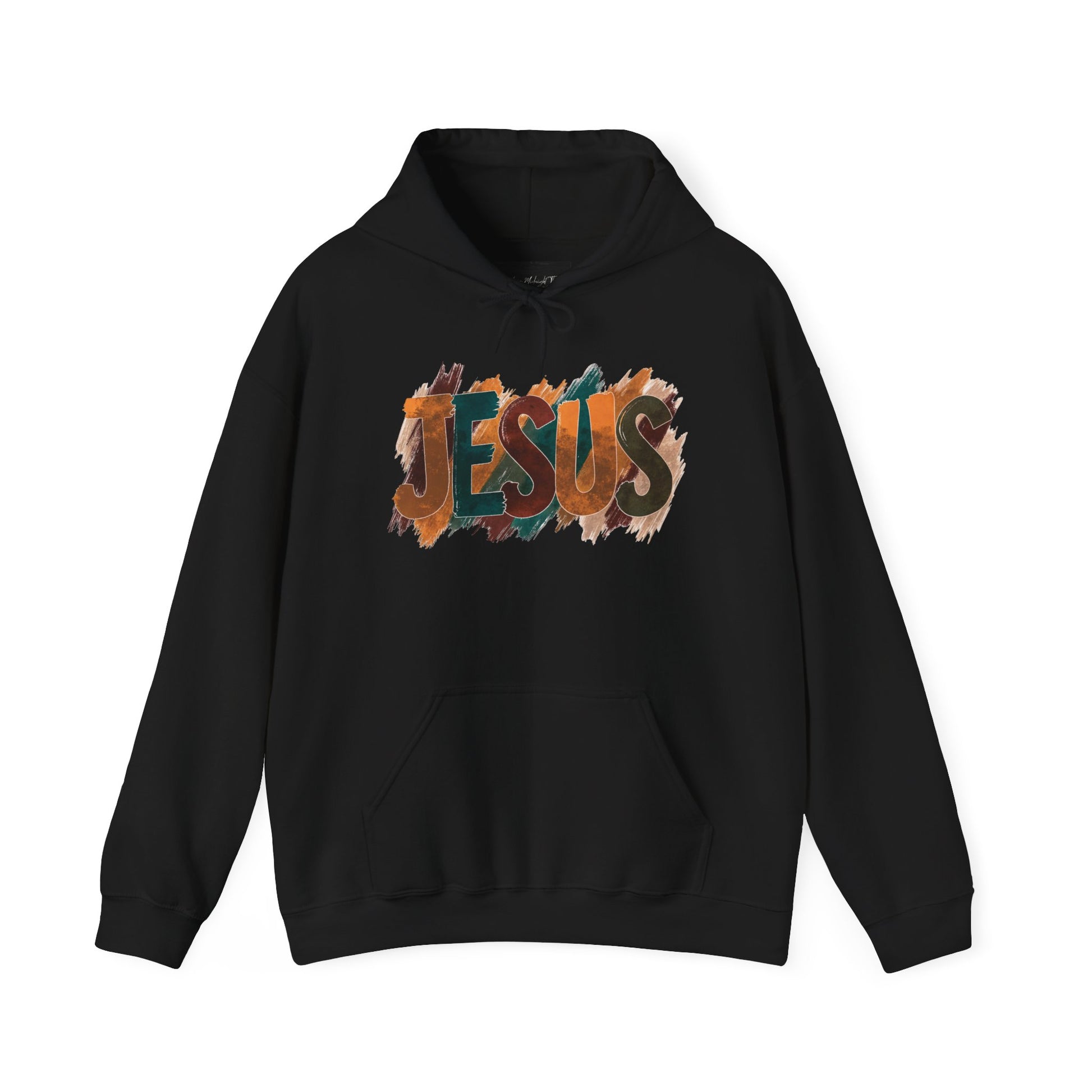 On the front of this Christian hoodie is the name Jesus is large bubble letters with each letter being a different Autumn color, this sweater is perfect for fall time.