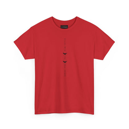 On the front of this custom unisex short sleeve shirt, starting from the neckline horizontally down are the words Filled with the Holy Spirit, there are two doves in-between the words.