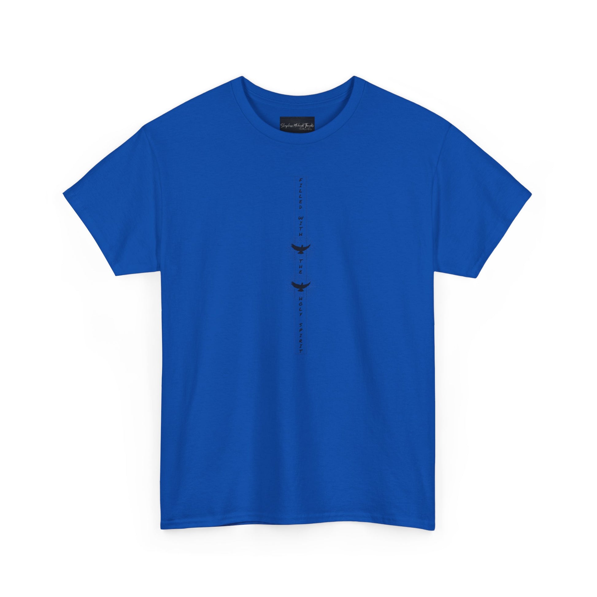 On the front of this custom unisex short sleeve shirt, starting from the neckline horizontally down are the words Filled with the Holy Spirit, there are two doves in-between the words.