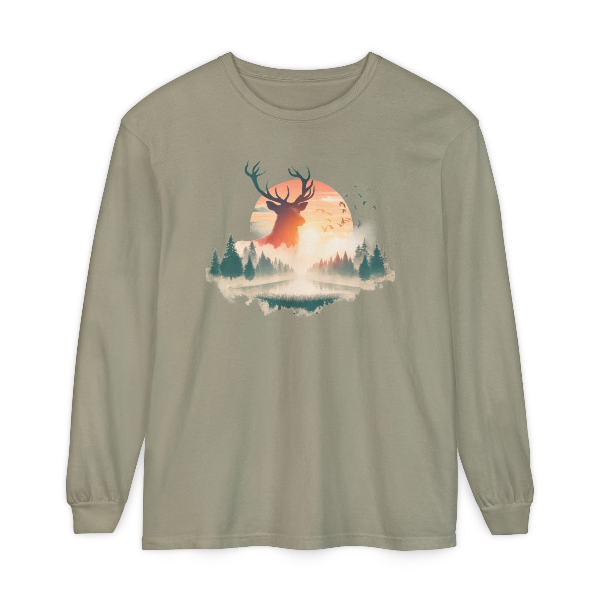 On the front of this custom unisex long sleeve shirt is beautiful landscape at dawn, there is a river in the middle with pine trees on either side, the sun is setting in the background with a large elk in the distance standing in front of the sun.