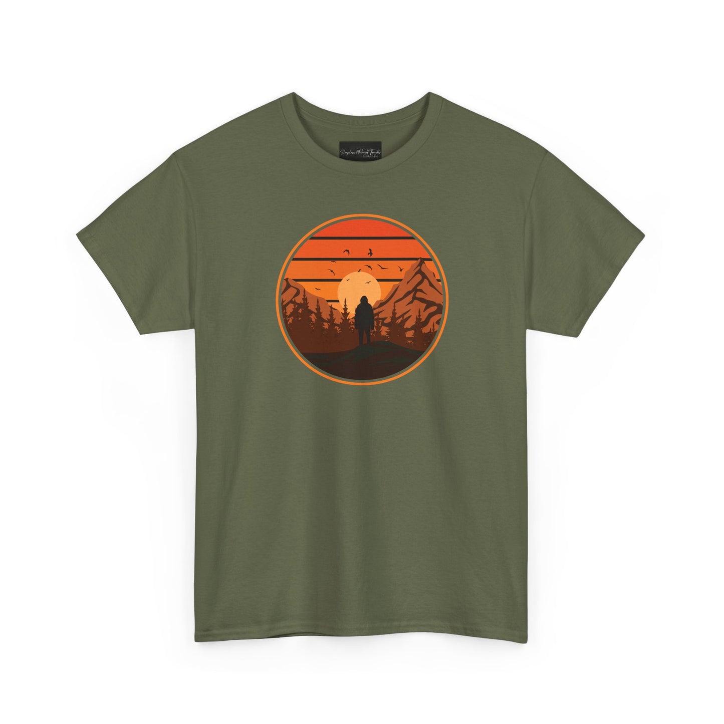 On the front of this custom tee is a large circle on the center of the chest that has an image of bigfoot right in the middle, there is a sun setting with mountain ranges and pine trees in the background.