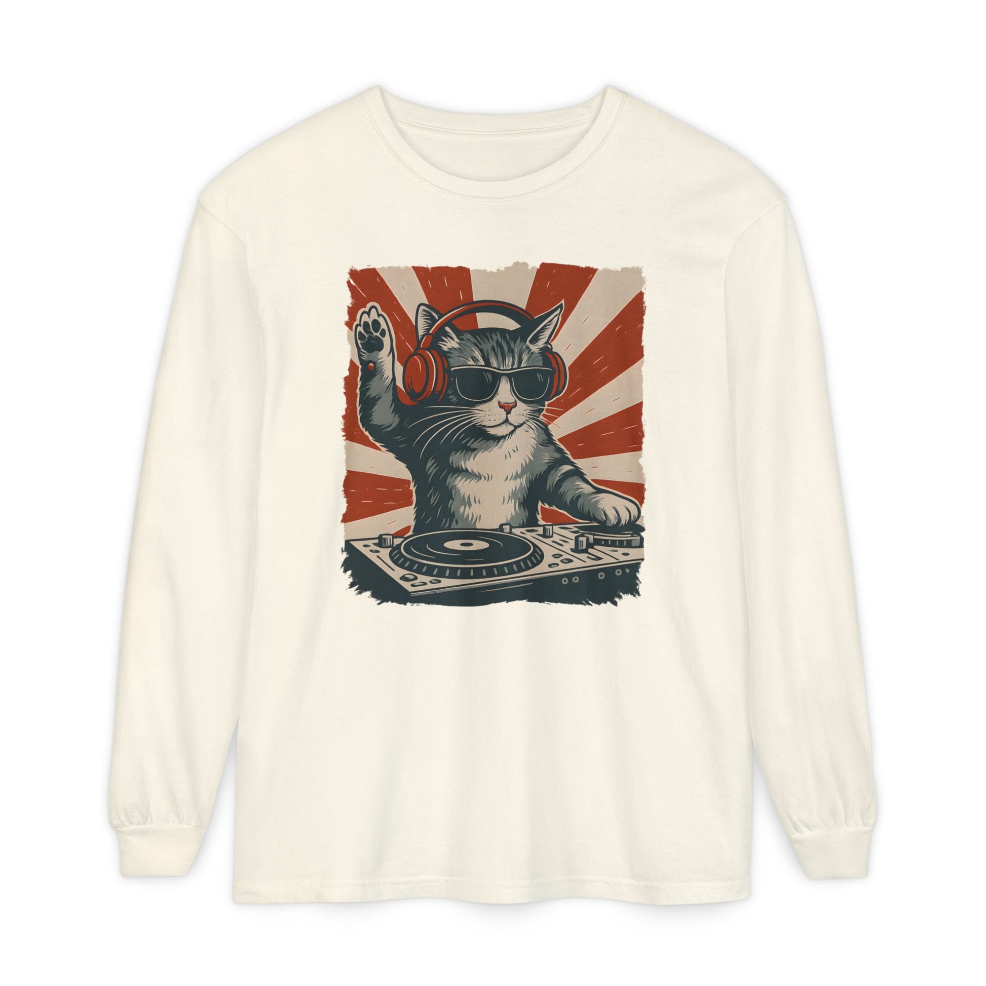 On the front of this custom retro long sleeve shirt is a DJ playing music, except the DJ is a cat that is wearing headphones, there is a vintage red and ivory background behind the cat.