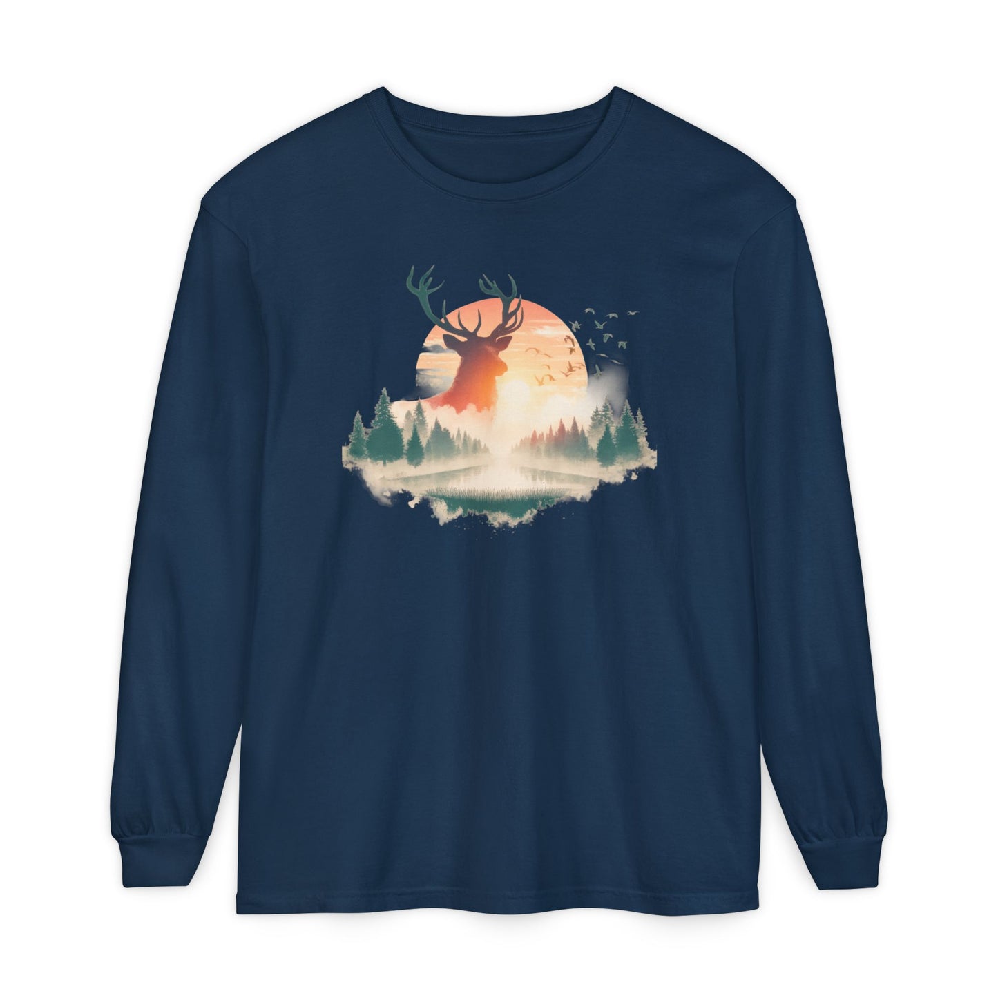 On the front of this custom unisex long sleeve shirt is beautiful landscape at dawn, there is a river in the middle with pine trees on either side, the sun is setting in the background with a large elk in the distance standing in front of the sun.
