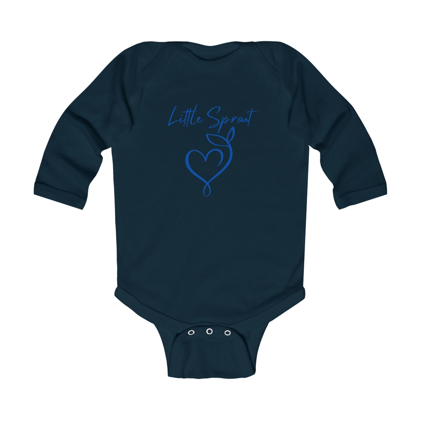 This adorable super soft infant onesie features the words 'little sprout' with a heart and two leaf stem design on the front, creating a cute and playful vibe.