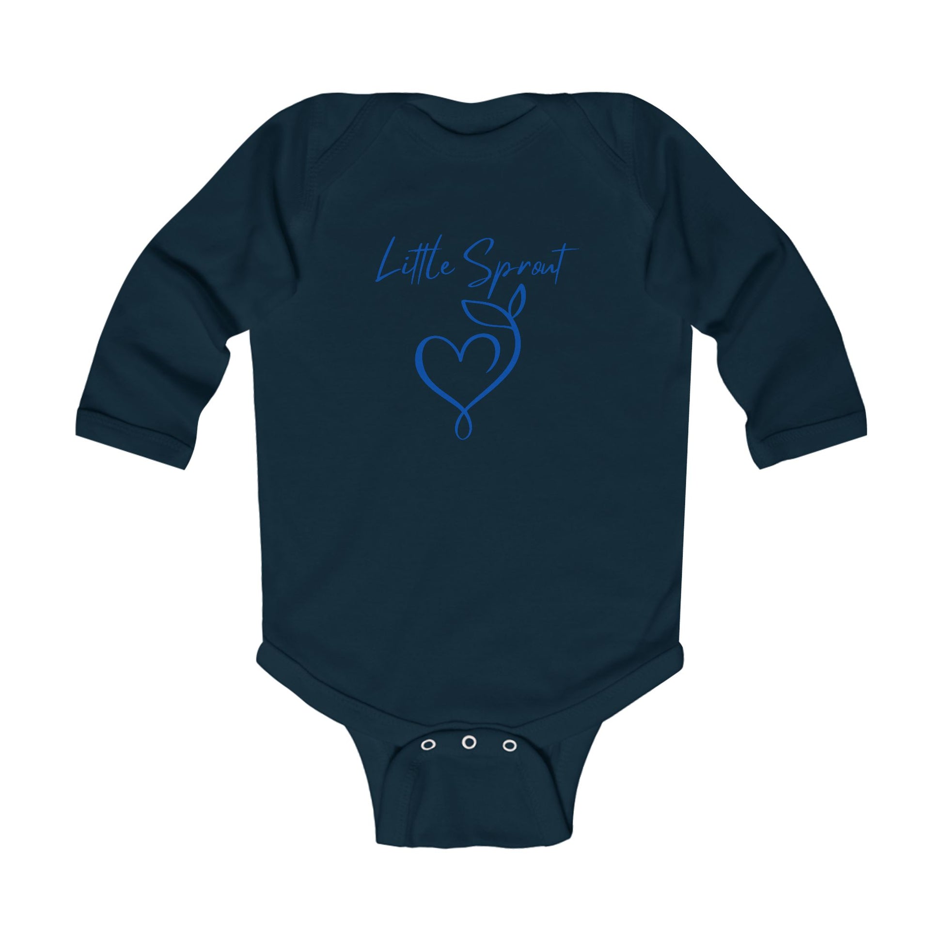 This adorable super soft infant onesie features the words 'little sprout' with a heart and two leaf stem design on the front, creating a cute and playful vibe.