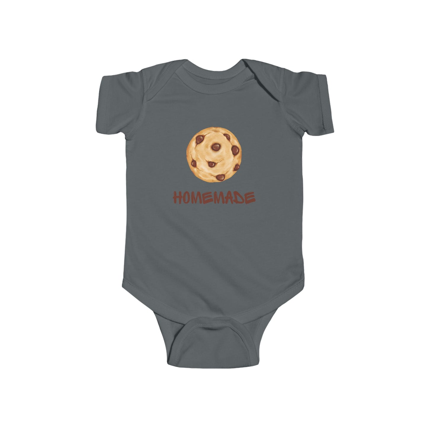 This adorable custom super soft baby onesie that features an image of a chocolate chip cookie in the middle with the word 'homemade' in brown writing underneath the image.