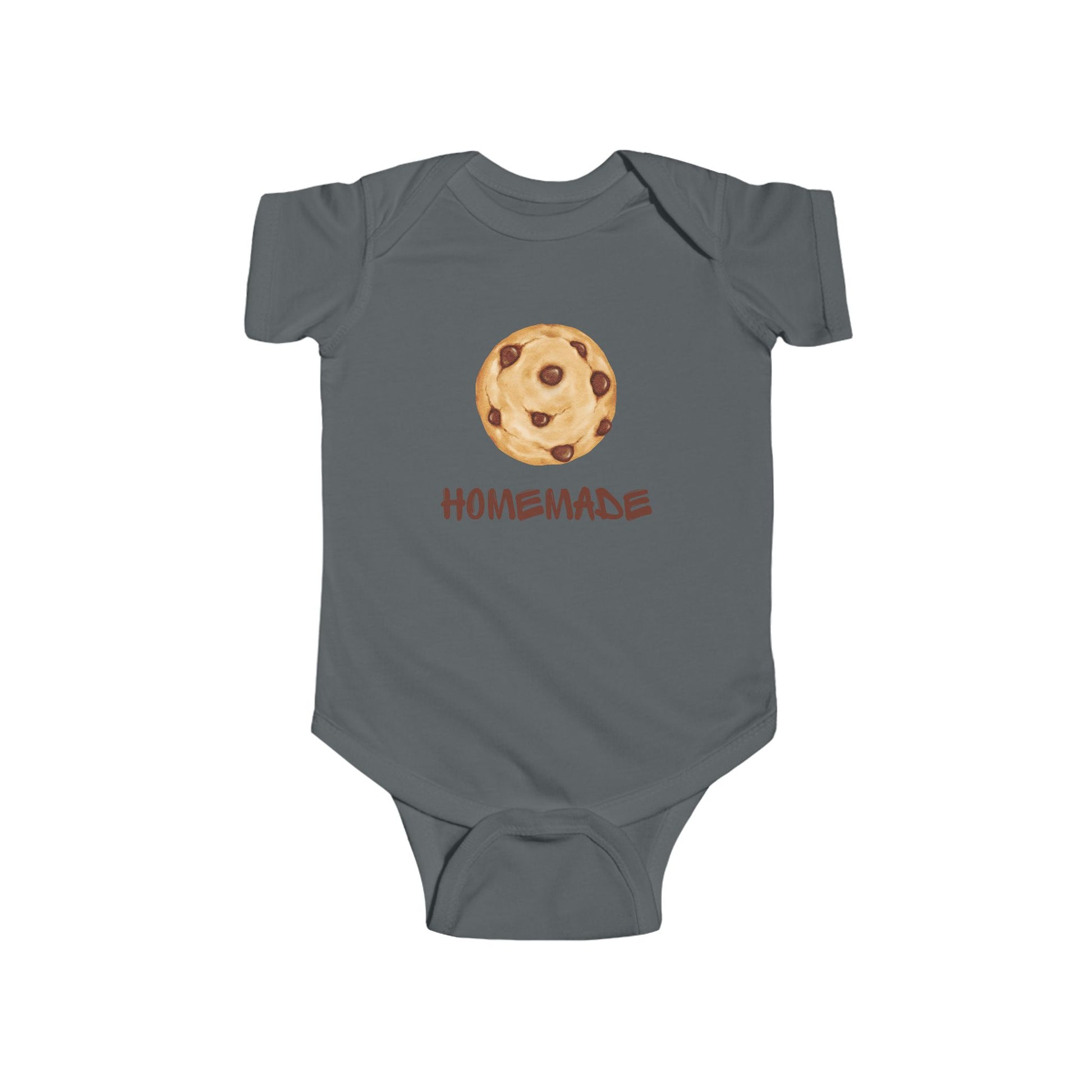 This adorable custom super soft baby onesie that features an image of a chocolate chip cookie in the middle with the word 'homemade' in brown writing underneath the image.