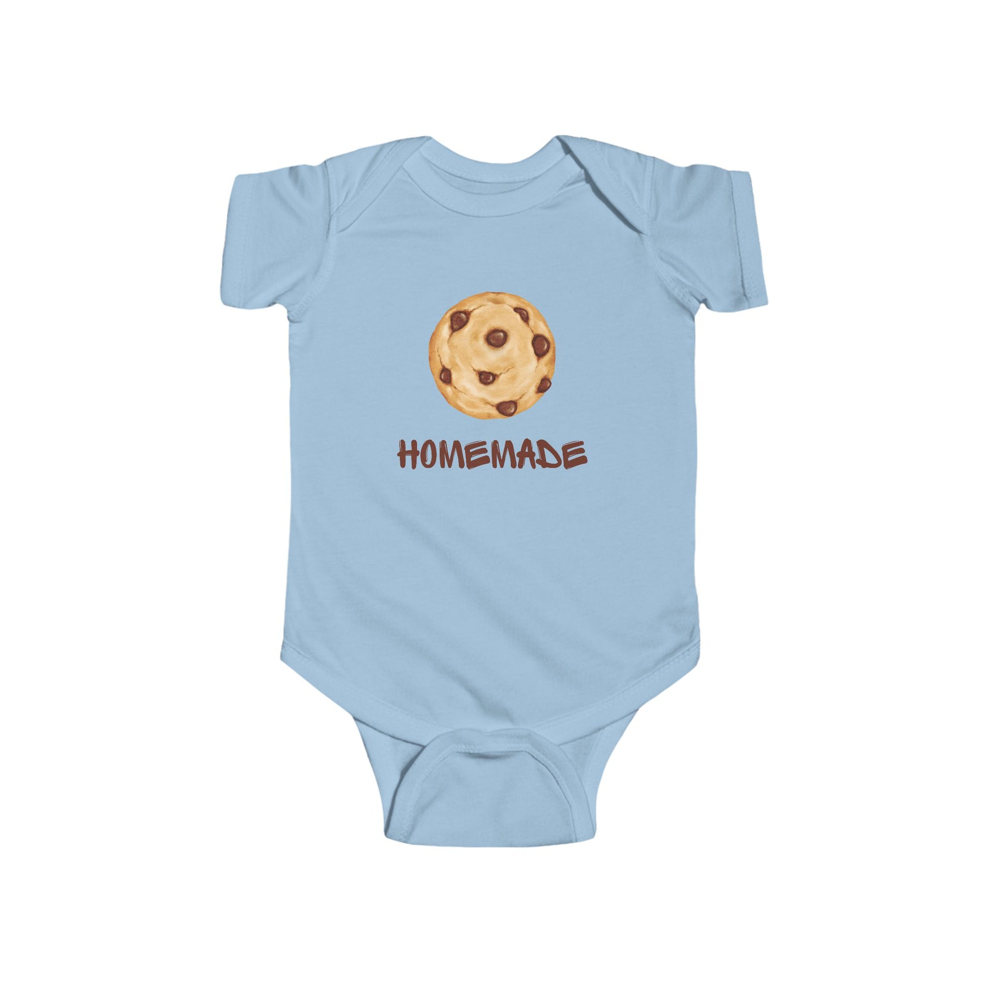 This adorable custom super soft baby onesie that features an image of a chocolate chip cookie in the middle with the word 'homemade' in brown writing underneath the image.