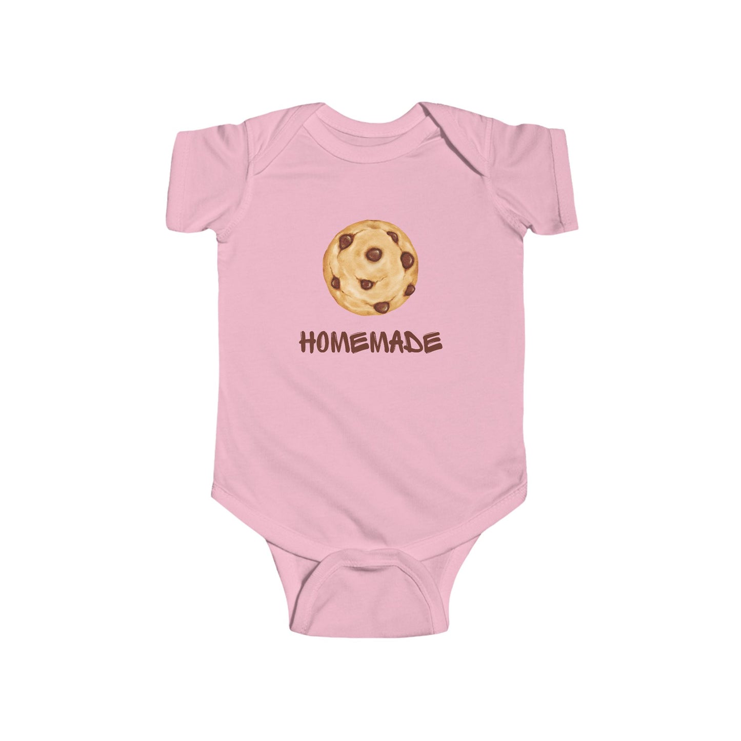 This adorable custom super soft baby onesie that features an image of a chocolate chip cookie in the middle with the word 'homemade' in brown writing underneath the image.