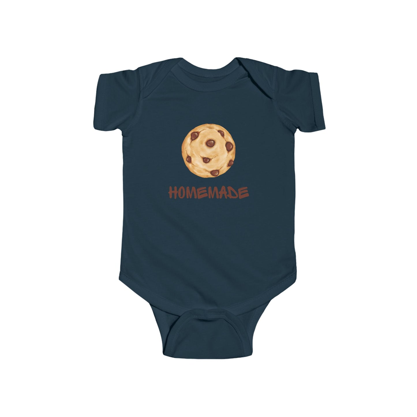This adorable custom super soft baby onesie that features an image of a chocolate chip cookie in the middle with the word 'homemade' in brown writing underneath the image.