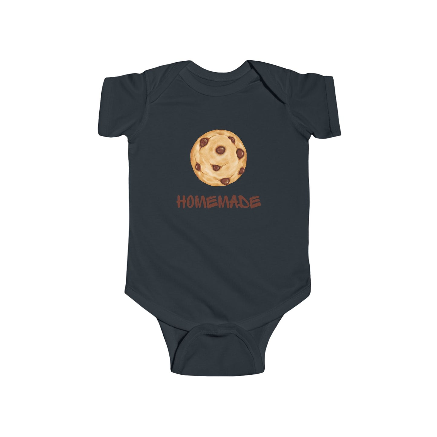 This adorable custom super soft baby onesie that features an image of a chocolate chip cookie in the middle with the word 'homemade' in brown writing underneath the image.