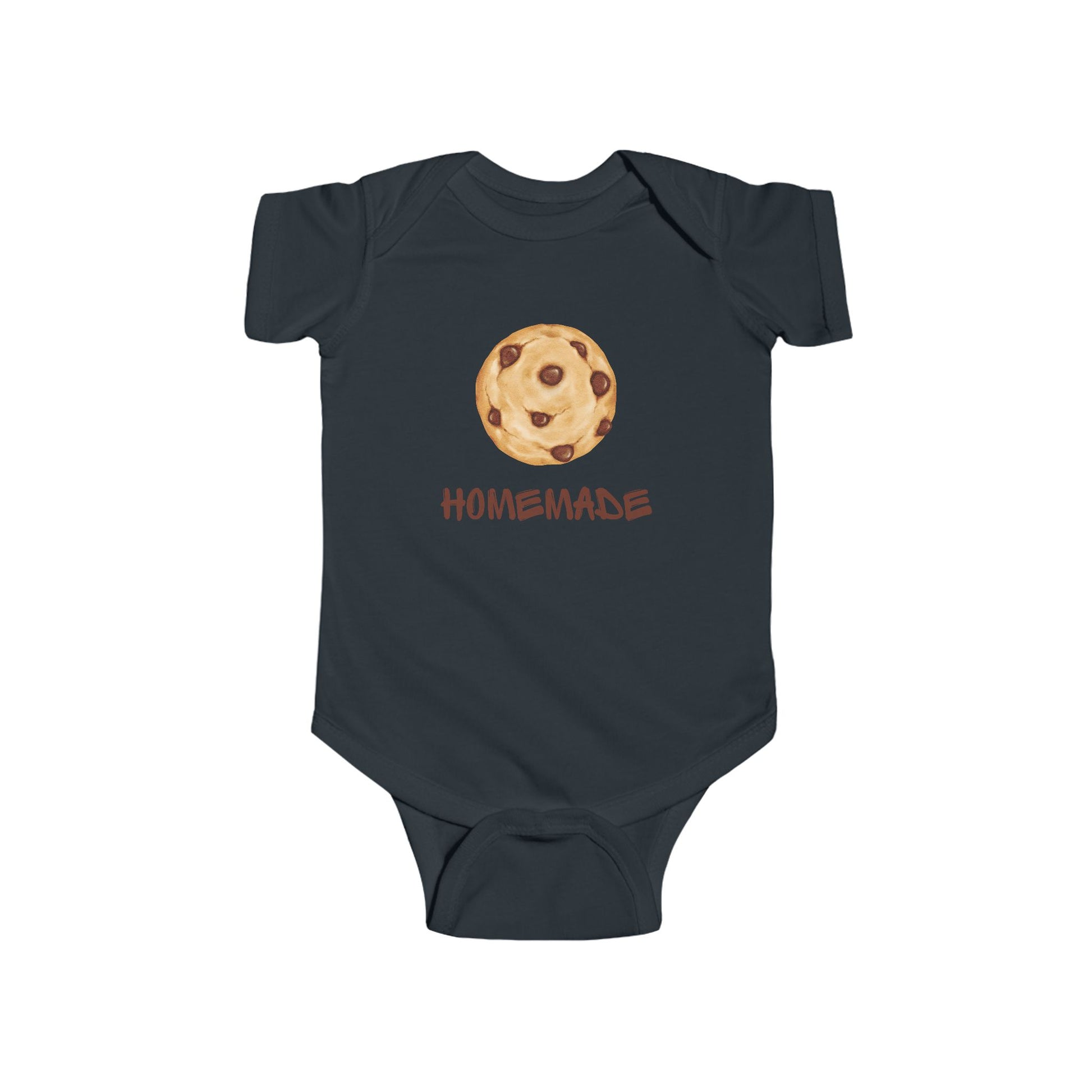 This adorable custom super soft baby onesie that features an image of a chocolate chip cookie in the middle with the word 'homemade' in brown writing underneath the image.