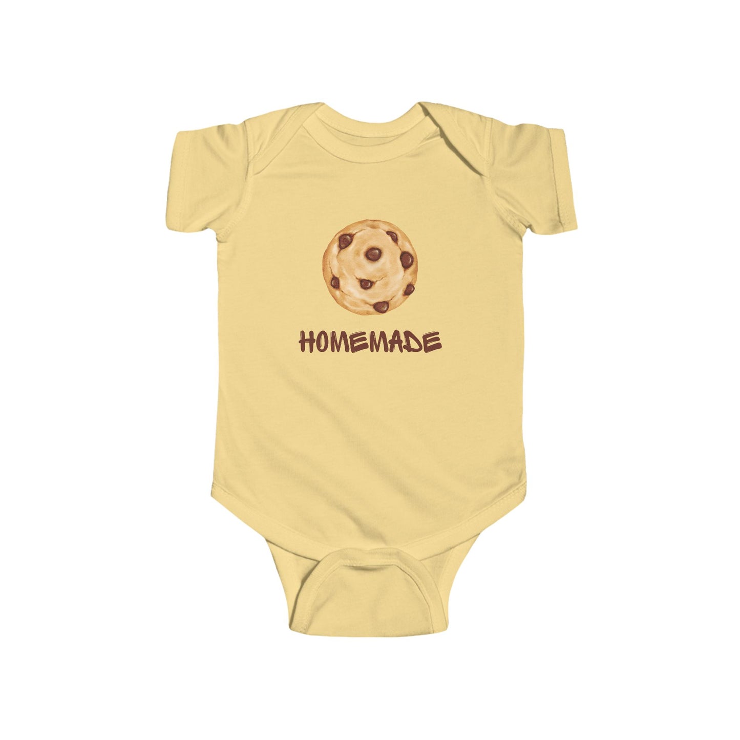 This adorable custom super soft baby onesie that features an image of a chocolate chip cookie in the middle with the word 'homemade' in brown writing underneath the image.